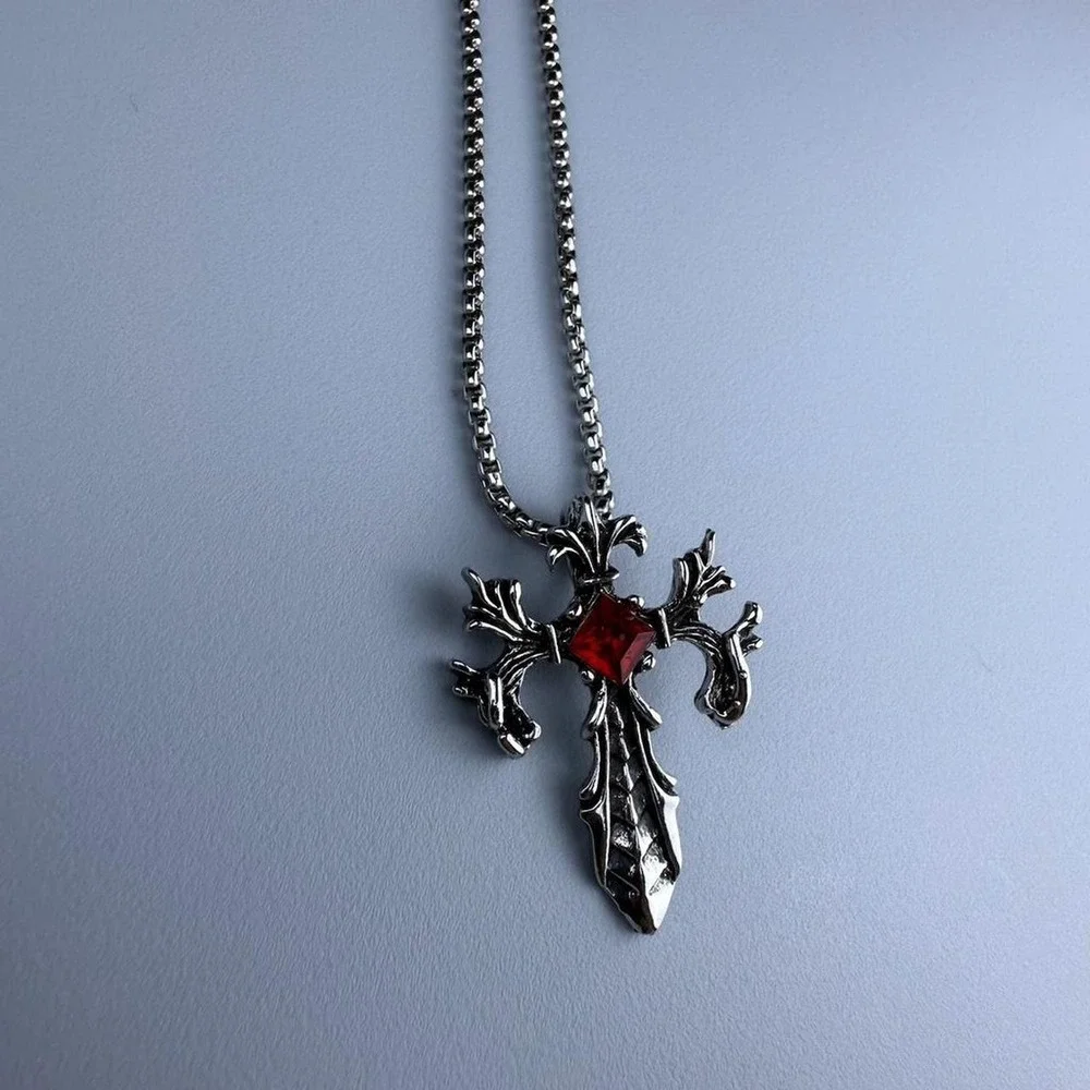 Silver Red Cross Necklace Stainless Steel Gothic Pendant 23 Inch Chain Mens